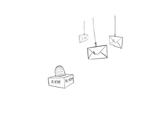 Emails on fishing hooks and an alarm flashing
