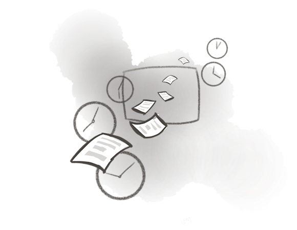 Collection of analog clocks and pieces of paper