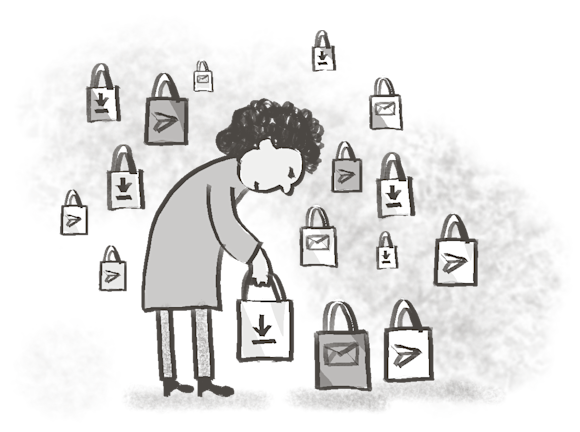 Woman picking up shopping bags with download and send icons