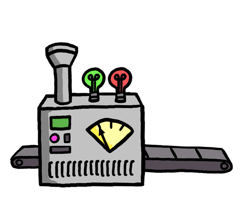Cartoon drawing of a gray machine with two light bulbs (green and red), an antenna, and a yellow gauge display on conveyor belts