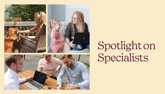Collage showing three work scenarios: outdoor pet care, remote work with child, and team collaboration at picnic table, with "Spotlight on Specialists" text