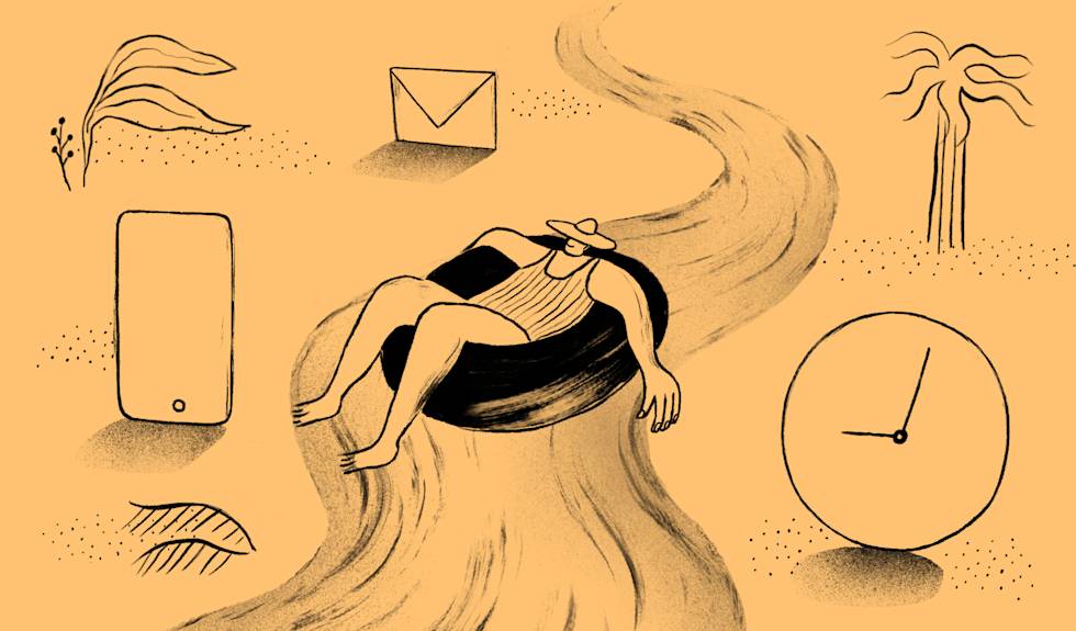 Doodle of a person tubing and relaxing on a river, passing a clock, phone, and email icon. 