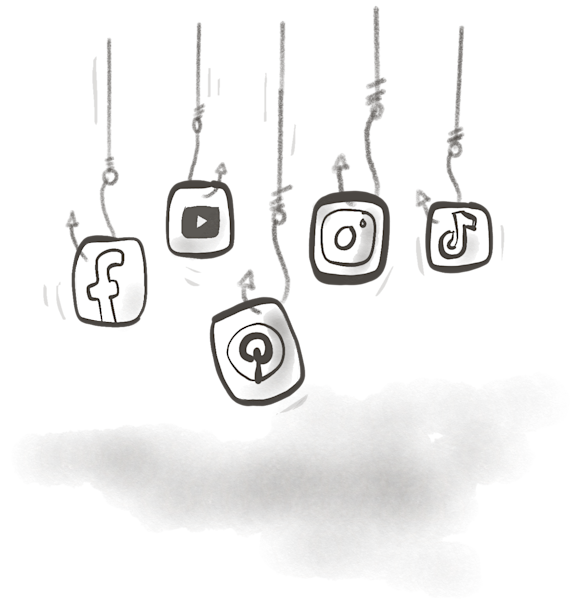 Social media logos hanging from fishing hooks