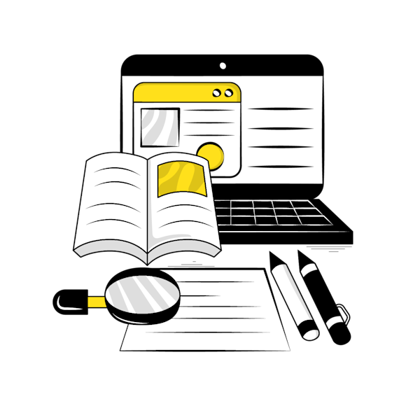 use case studies in marketing campaigns concept - Laptop with open browser window, open book, magnifying glass, and two pens on paper, illustrated in black, white and yellow colors.