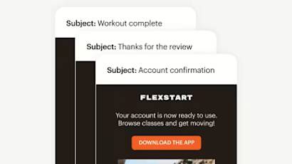 Three mobile email screens showing notifications from a fitness app: workout completion, review confirmation, and account setup messages