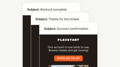 Three mobile email screens showing notifications from a fitness app: workout completion, review confirmation, and account setup messages