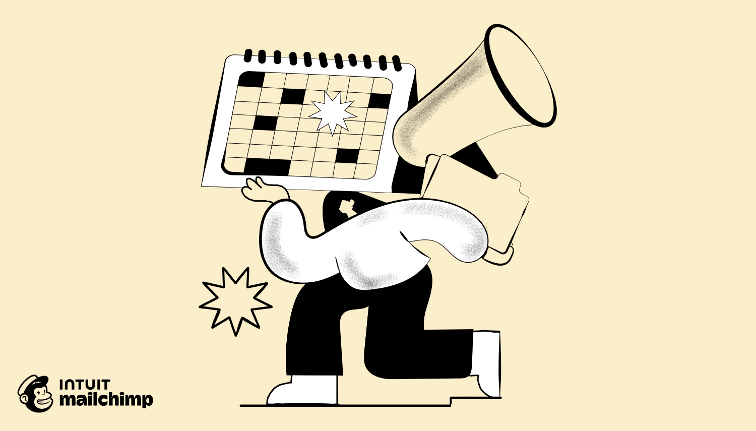 Cartoon figure holding a crossword puzzle and megaphone, with decorative star elements, on a cream background with Mailchimp logo