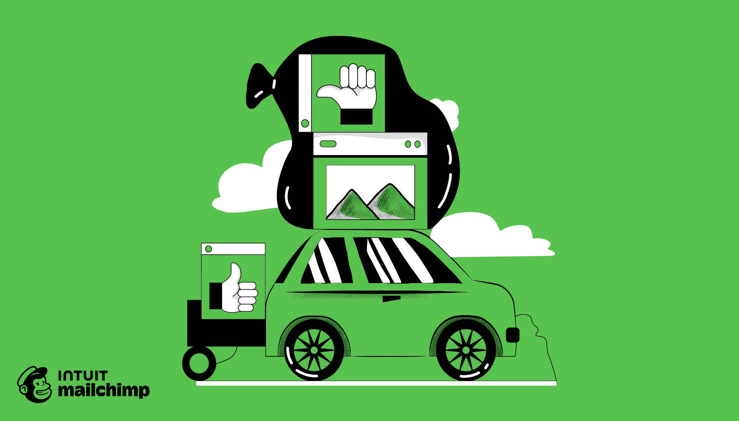 Stylized illustration of a green car with computer windows showing thumbs up icons and mountain scenery, on a green background with clouds