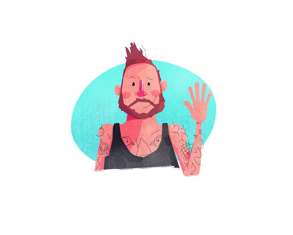 Cartoon illustration of a bearded man in a black tank top waving, with tattoos on his arms, against a turquoise background