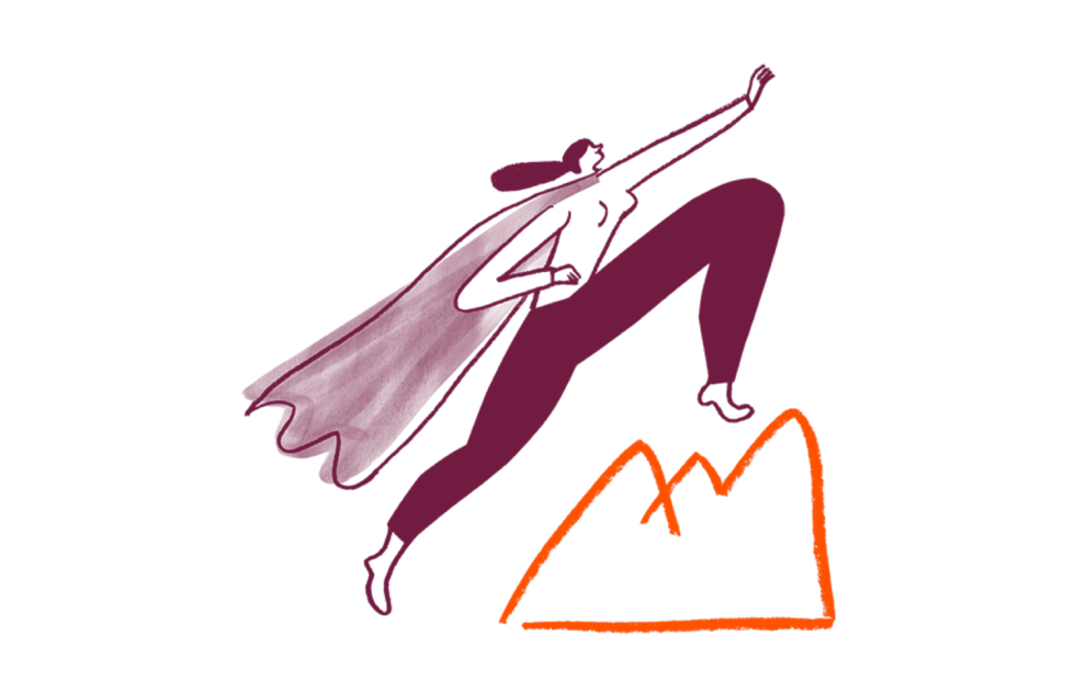 Stylized purple figure leaping triumphantly over an orange mountain peak against a black background
