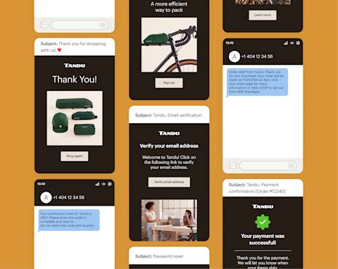Collection of mobile app screens showing Tandu's e-commerce flow with order confirmation, email verification, and payment success messages