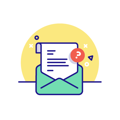 Three stylized envelope icons in turquoise and purple with text elements, shown against yellow circular backgrounds