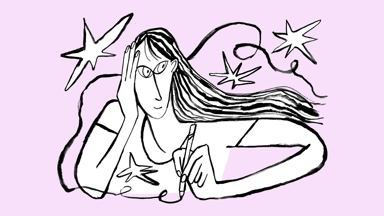 Person with long hair writing/doodling.