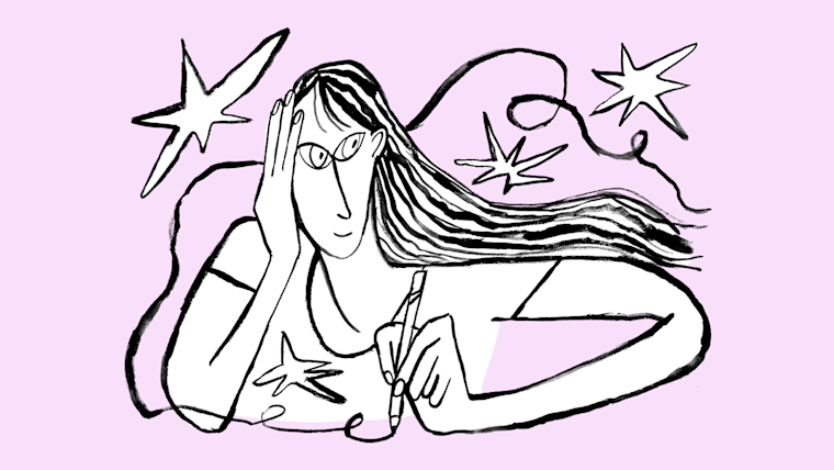 Person with long hair writing/doodling.