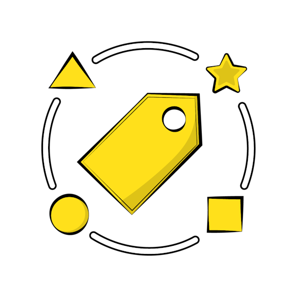 brand favicon - A tag icon with decorative stars and geometric shapes around it in a simple line art style