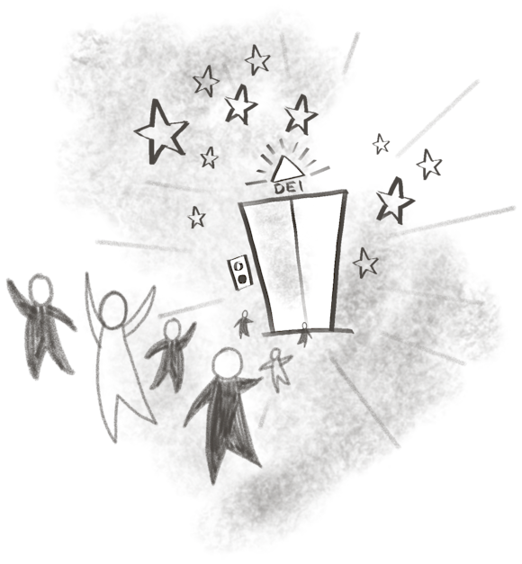 People standing outside with “DEI” written above