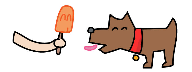 A cartoon dog with a red collar excitedly licking its lips as a hand offers it an orange popsicle