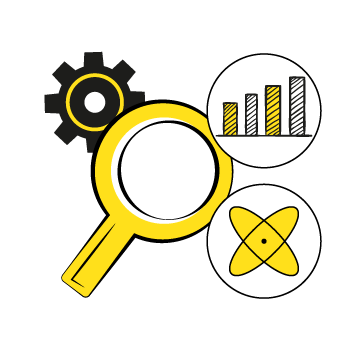 business market research - illustration of gears and shapes in black and yellow