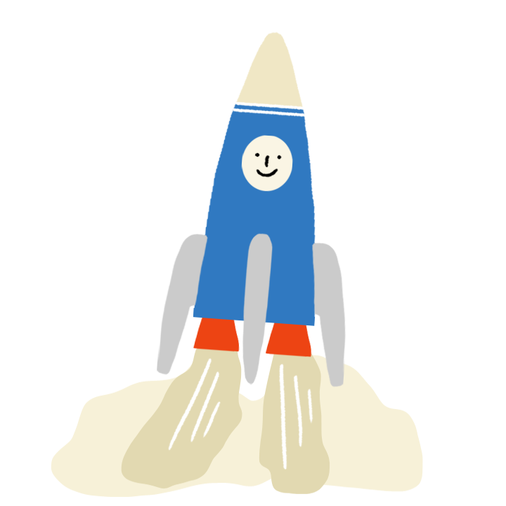 Simple cartoon illustration of a blue rocket with a smiling face, gray wings, and orange boosters taking off with beige exhaust clouds