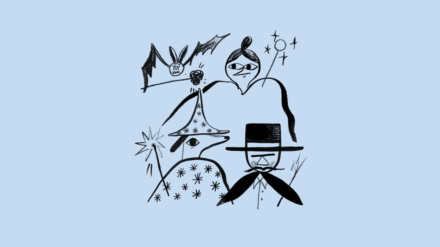 An illustration of a magician, a wizard dog, a bat, and a person with a magic wand.