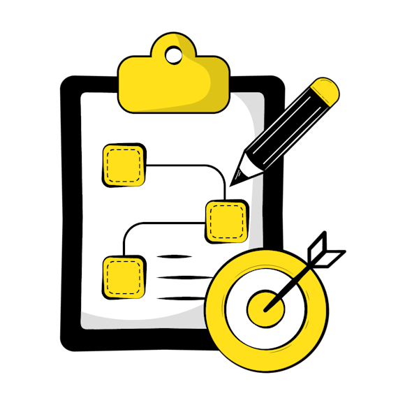 value-based marketing components - Illustration showing a clipboard  and pencil with three yellow squares by black lines, ending in a target symbol
