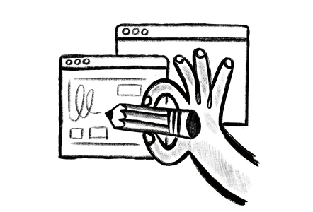 cartoon of a hand with a pencil drawing on an interface