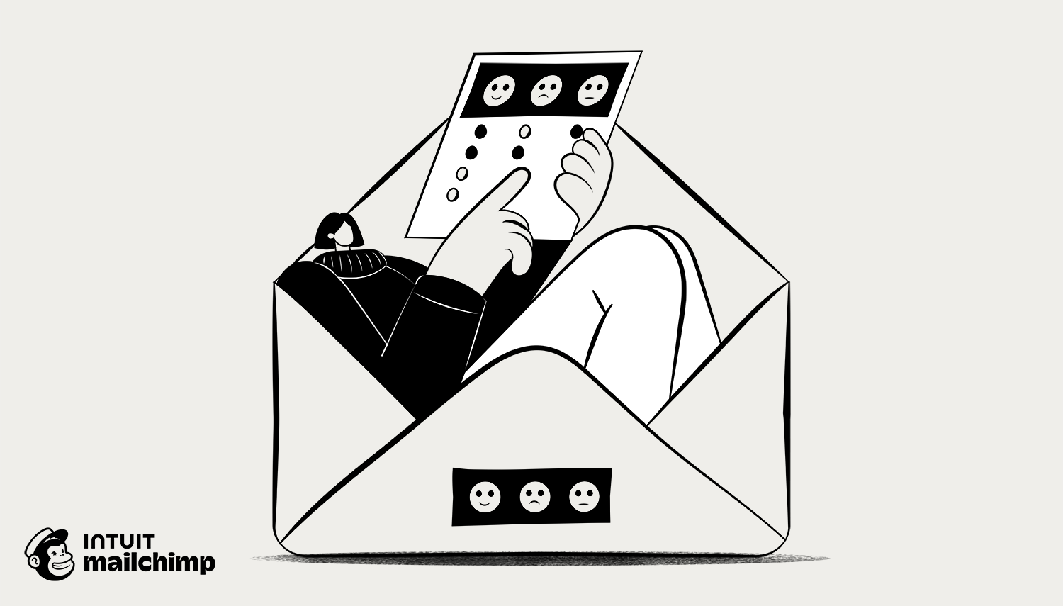 Black and white illustration of a person lounging inside an envelope, looking at a survey screen with emoji reactions above