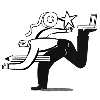 Illustration of a person running while holding a pencil, tape, a star, and a laptop