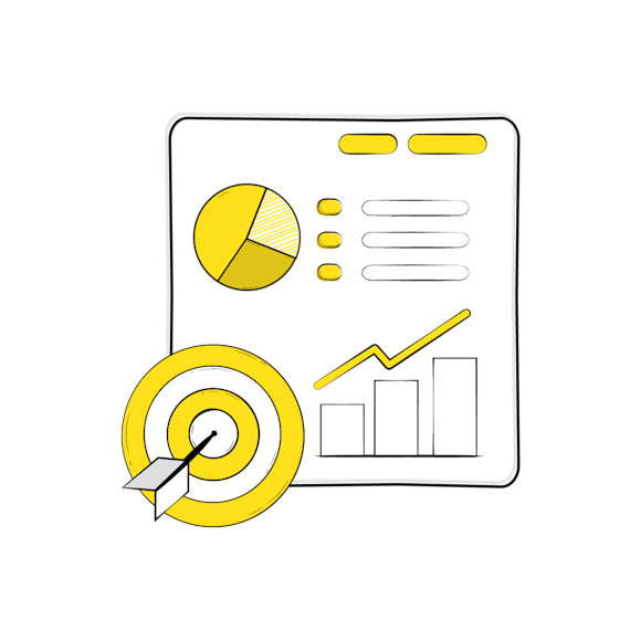 Target with bullseye next to a paper with various charts and graphs on it