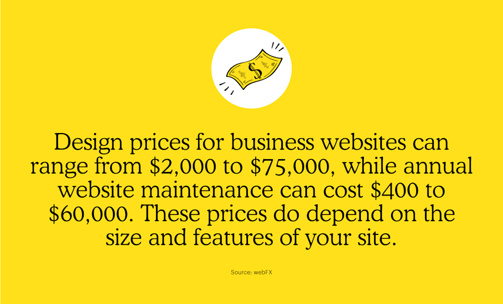 Design prices for business websites can range from $2,000 to $75,000, while annual website maintenance can cost $400 to $60,000. These prices do depend on the size and features of your site.