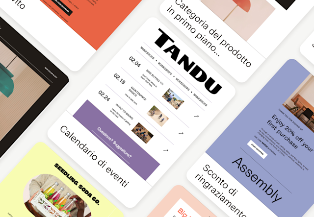 Una varietà di temi disponibili in Mailchimp, applicati a layout predefiniti come “calendario eventi” e “sconto ringraziamento”.