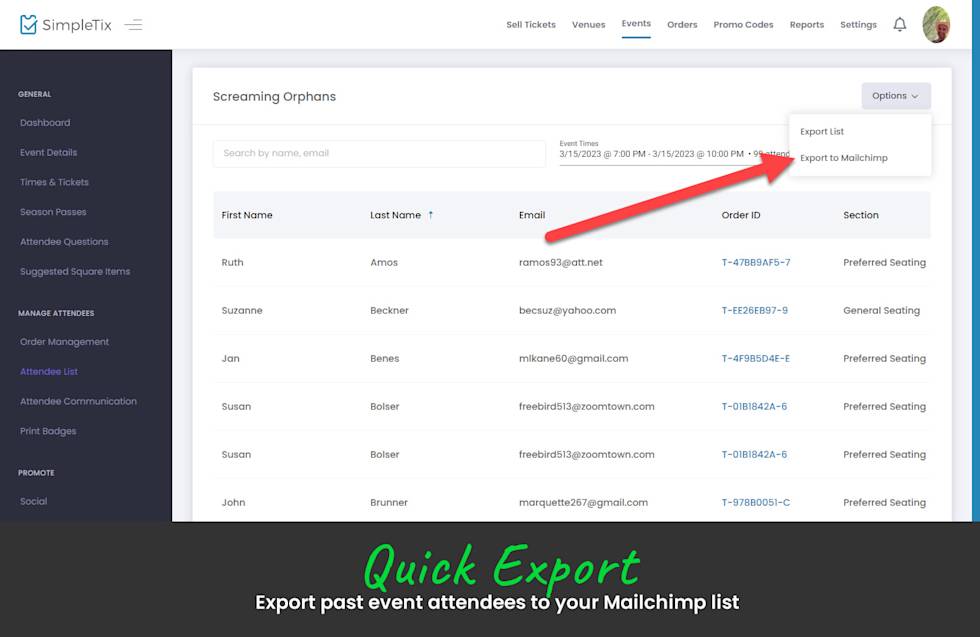 Quick Export - Export past event attendees to your Mailchimp list