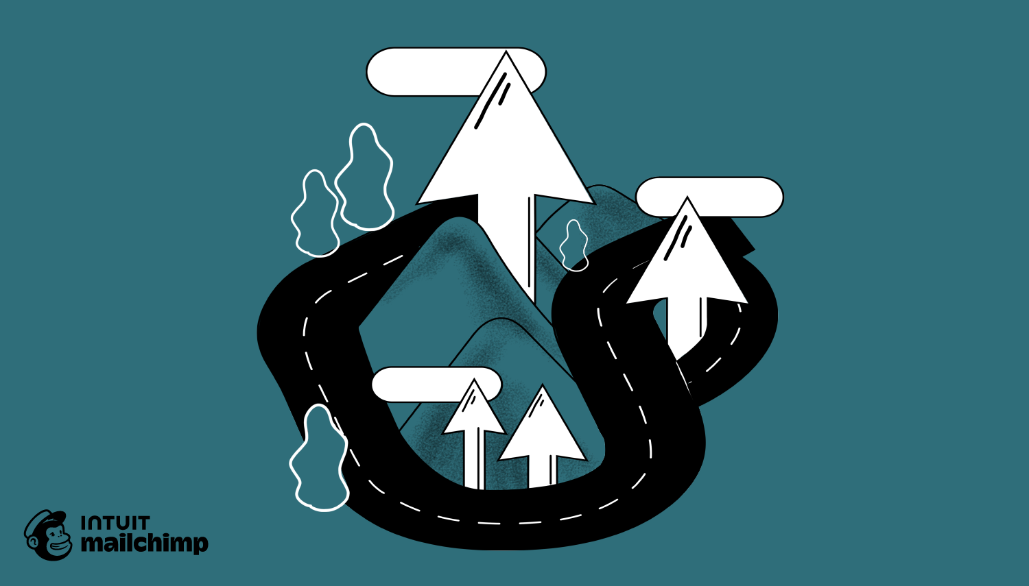 Winding black road with white directional arrows pointing upward, against a teal background with small cloud-like shapes