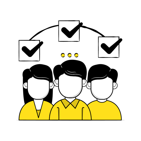 end user - Illustration of three figures in yellow clothing with checkboxes above 