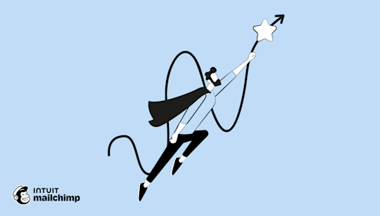 Stylized black and white illustration of a penguin breaking apart into geometric shapes against a light blue background, with Mailchimp logo