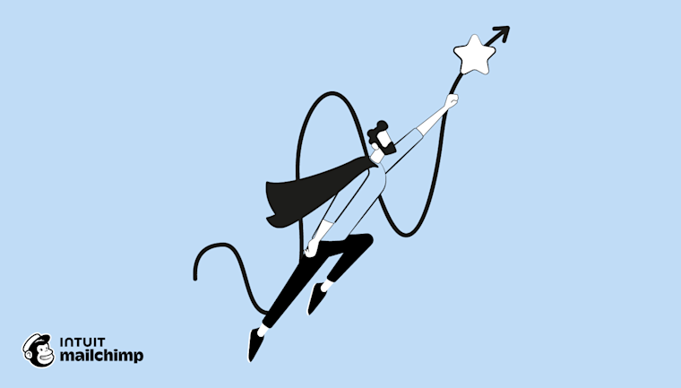 Stylized black and white illustration of a penguin breaking apart into geometric shapes against a light blue background, with Mailchimp logo