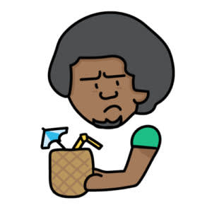A cartoon person with an afro hairstyle holding a pineapple drink with a tiny umbrella, looking unimpressed