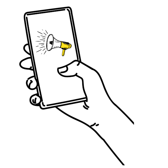 hand holding a phone with a megaphone on the screen