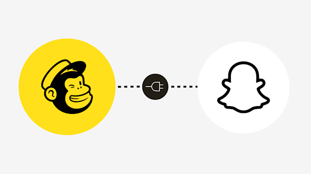 Mailchimp and Snapchat logos connected by a plug icon showing the Snapchat Lead Ads and Mailchimp integration.