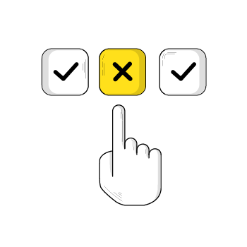 business name idea - illustration of three blocks, two white blocks with checkmarks and the middle block is yellow with an x, and a hand beneath with a pointer finger pointing to the x 