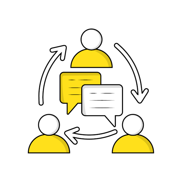 Three yellow stick figures connected by curved arrows in a triangular arrangement, with speech bubbles indicating conversation or communication flow.