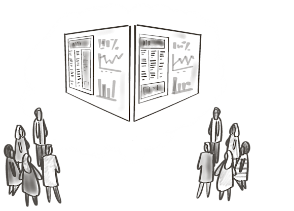 Two groups of people examining campaign metrics