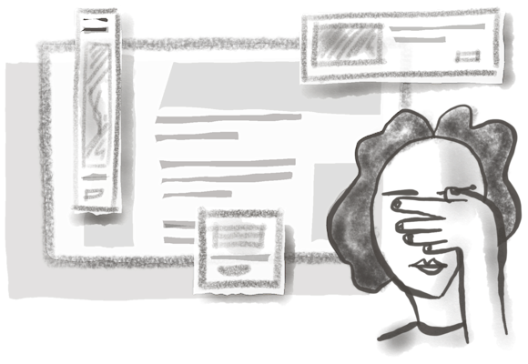 Webpage wireframe with ads and woman covering her face