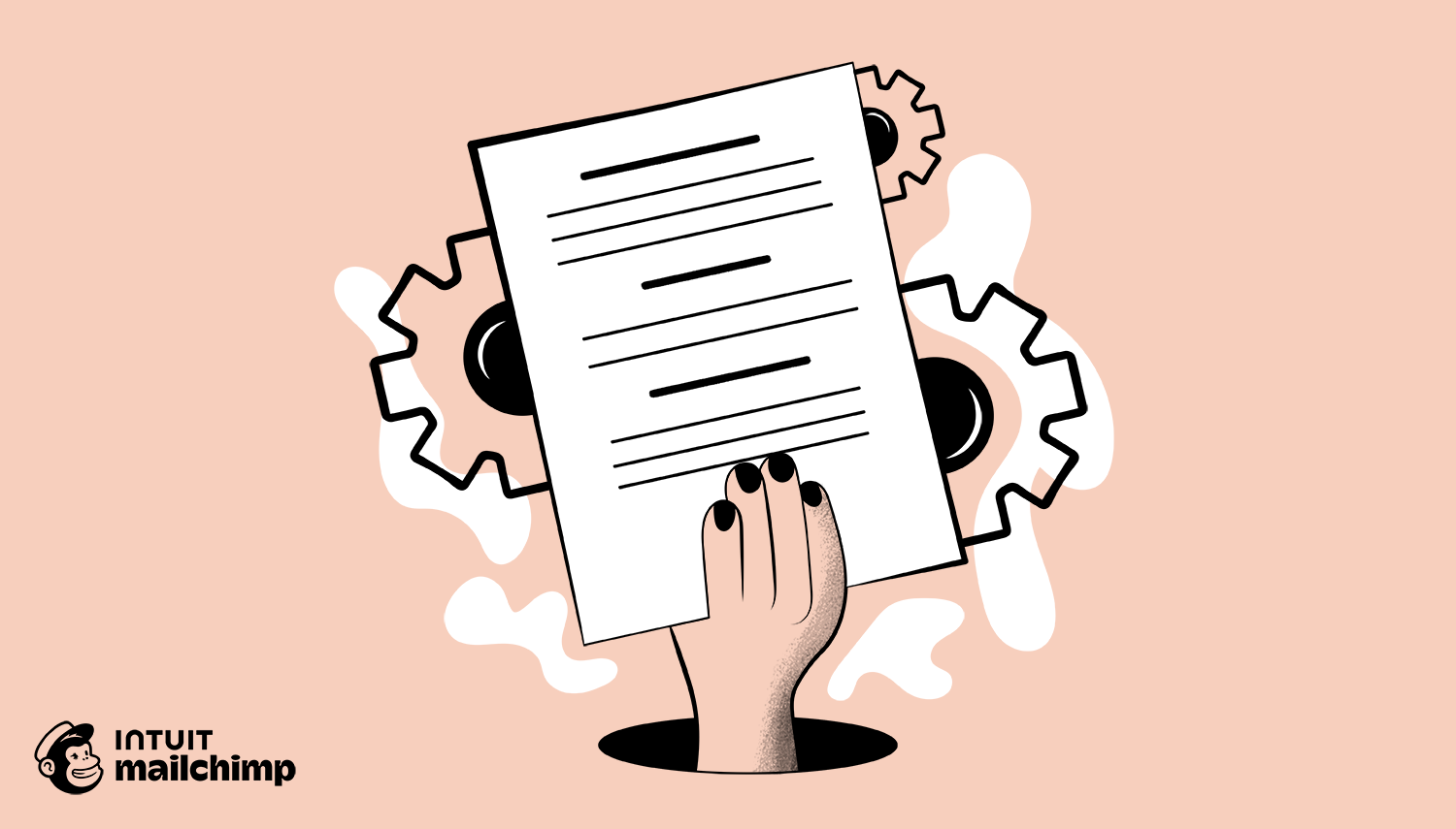A hand holding up a paper form or document against a peachy pink background, with the Mailchimp logo visible at the bottom