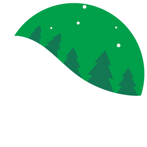 Green semicircle with silhouettes of pine trees and snow