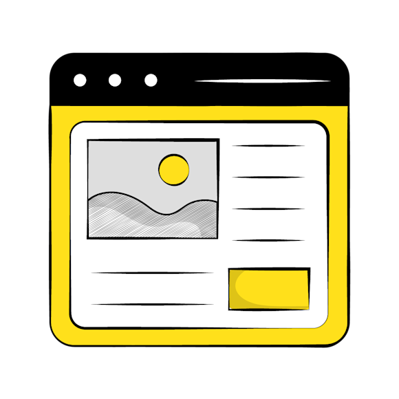 blog analytics - Stylized icon of a article preview with a gray image placeholder and yellow border, featuring minimal line details