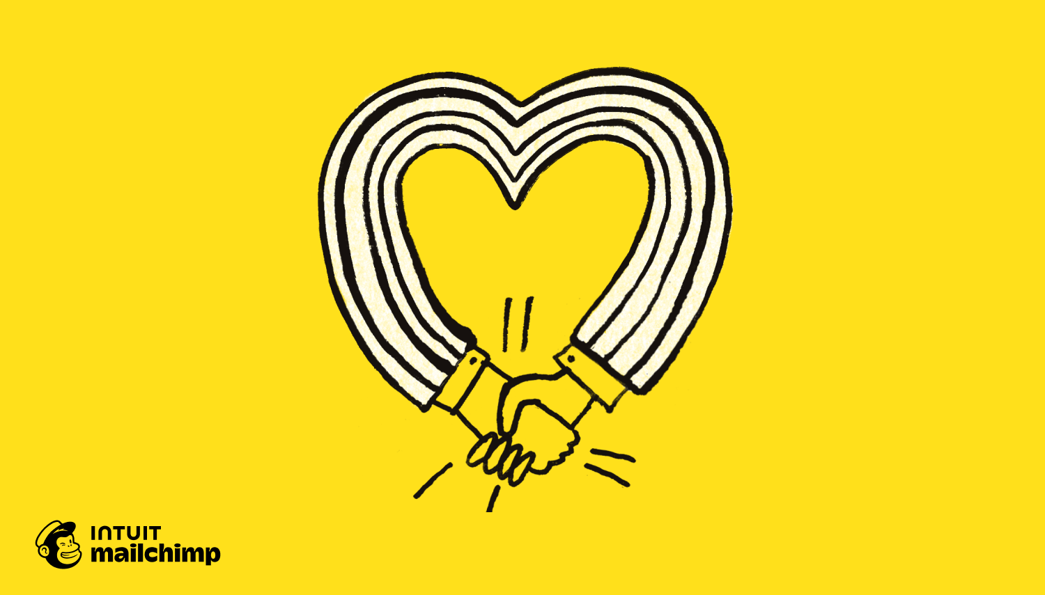 Illustration of two hands shaking to form a heart shape against a yellow background, with Mailchimp logo below