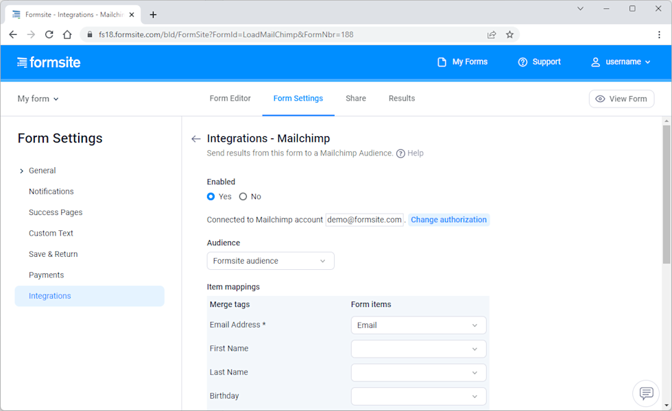 Connect your Formsite form to your Mailchimp audience and choose what data to send.