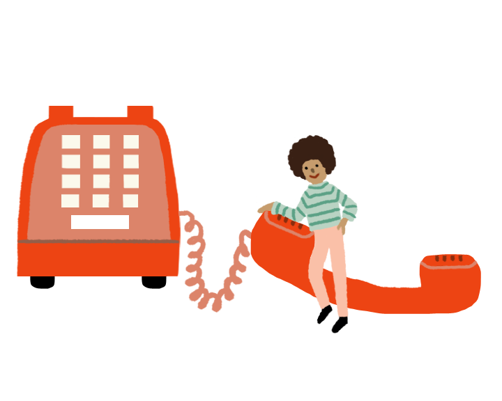 Cartoon illustration of a person with curly hair sitting on a large red telephone handset connected to an orange rotary phone base