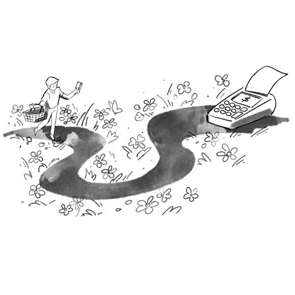 person with shopping basket following a road to a cash register